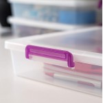 IRIS USA 6 Qt. Large Flat Plastic Modular Storage Bin Tote Organizing Container with Durable Lid and Secure Latching Buckles Stackable and Nestable 6 Pack Clear and Purple