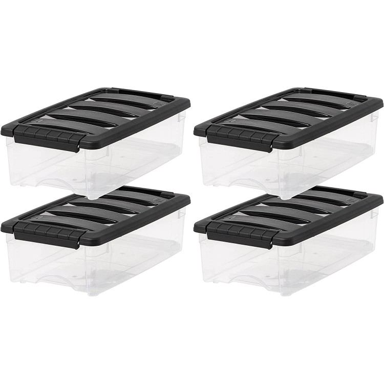 IRIS USA Plastic Bins Stackable Storage Container with Secure Latching Buckles Lid 12 Qt Clear Black 4 Count,580068