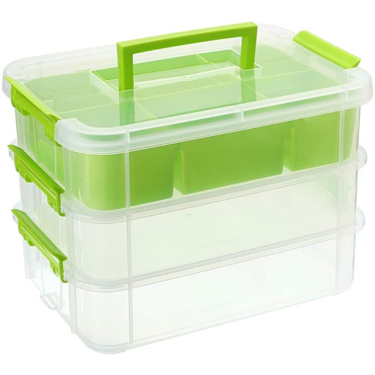 JuxYes 3-Tiers Stack Carry Storage Box With Divided Tray Transparent Stackable Storage Bin With Handle Lid Latching Storage Container for School & Office Supplies Green