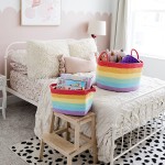 OrganiHaus Rainbow Cotton Rope Magazine Basket w Handles 14”x11” | Colorful Room Decor for Kids Toy Storage Baskets for Organizing | Rainbow Basket for Nursery Playroom Classroom Organization