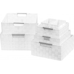 Sorbus Storage Box Woven Basket Bin Container Tote Cube Organizer Set Stackable Storage Basket Woven Strap Shelf Organizer Built-in Carry Handles 7 Piece White
