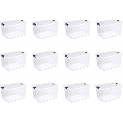 Sterilite 17571706 66-Quart Clearview Latch Box Storage Tote Container with Purple Handles for Home or Office Organization 12 Pack