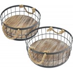 Stonebriar 2pc Round Stackable Metal Wire and Wood Basket Set with Rope Handles Rustic Decor for Home Storage Decorative Serving Baskets for Weddings Birthdays and Holiday Parties
