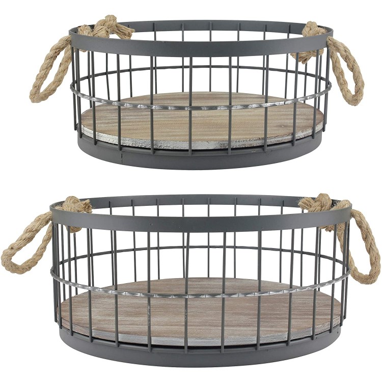 Stonebriar 2pc Round Stackable Metal Wire and Wood Basket Set with Rope Handles Rustic Decor for Home Storage Decorative Serving Baskets for Weddings Birthdays and Holiday Parties