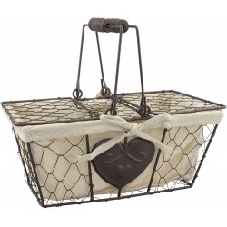 Stonebriar Farmhouse Metal Chicken Wire Picnic Basket with Hinged Lids Handles and Heart Detail 10.5" x 6.5" Cream