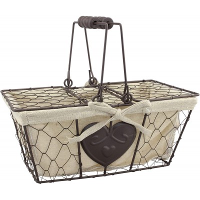 Stonebriar Farmhouse Metal Chicken Wire Picnic Basket with Hinged Lids Handles and Heart Detail 10.5" x 6.5" Cream