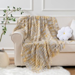 Battilo Knit Throw Artcraft Blanket with Fringe Tassels Ultra Soft Warm Sleeping Cover Blanket Rug for Bedroom Sofa Office and Living Room 60"x 50" Ochre