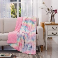 COCOPLAY W Faux Fur Throw Blanket Super Soft Fuzzy Lightweight Luxurious Cozy Warm Fluffy Plush Sherpa Rose Pink Rainbow Microfiber Blanket for Bed Couch Living Room Pink Rose Throw50"x65"