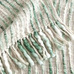 MOTINI Beige and Green Throw Blanket Farmhouse Textured Knit Striped Hand Woven Thick Boho Decorative Blankets and Throws with Tassel 50" x 60"