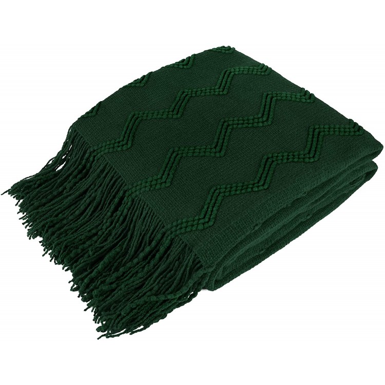 PAVILIA Knitted Throw Blanket Fringe Emerald Green Dark Forest | Decorative Tassel Boho Farmhouse Decor Couch Bed Sofa Fall Outdoor | Woven Textured Afghan Soft Lightweight Cozy Acrylic 50x60