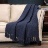 Thick Chunky Navy Blue Knitted Throw Blanket for Couch Chair Sofa Bed Chic Boho Style Textured Basket Weave Pattern Blanket with Decorative Fringe 50"x60"