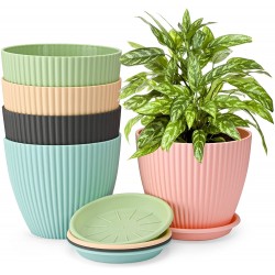 7.5 inch Flower Pots Set of 5 Plastic Plant Pots with Drain Holes and Saucers Modern Simple Design Indoor Ourdoor Garden Planter Pots for All Houseplants Colorful 01-colorful