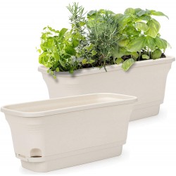 Amazing Creation Self Watering Rectangular Flowerpot and Windowsill Herb Garden Planter for Indoor Use to Plant Flowers Herbs Succulents Houseplants Beige 2 Pack