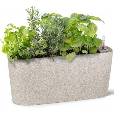 Amazing Creation Windowsill Rectangular Self Watering Herb Garden Large Plastic Planter Pot for Herbs Greens Flowers House Plants and Succulents Indoor Outdoor Flower Pot Stone Color