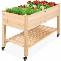 Best Choice Products Raised Garden Bed 48x24x32-inch Mobile Elevated Wood Planter w Lockable Wheels Storage Shelf Protective Liner