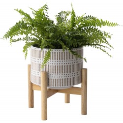 Ceramic Plant Pot with Wood Stand 7.3 Inch Modern Round Decorative Flower Pot Indoor with Wood Planter Holder Beige and White