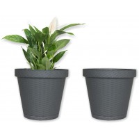 Elly Décor Set of 2 12" Round Saucer Modern Resistant and Self Watering Planter Plates for Indoor or Outdoor Areas Durable Plastic Plant Pots with Rattan-Like Finish Gray