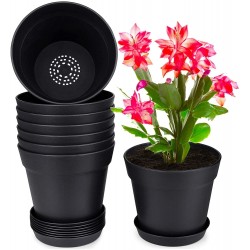 HOMENOTE Pots for Plants 8 Pcs 7.5 inch Plastic Planters with Multiple Drainage Holes and Tray Plant Pots for All Home Garden Flowers Succulents Matte Black
