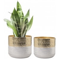 MyGift Metallic Two-Toned Indoor Planter Pot Cylindrical Hammered Gold and Milled Embossed Silver Tone Metal Planter Vase Set of 2