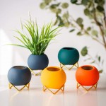 Nuxn Small Ceramic Succulent Planter Pot with Metal Frame Modern Round Flower Pot for Succulents Macron Color Mini Pots for Plants Table Room Home Decor