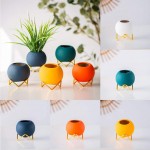 Nuxn Small Ceramic Succulent Planter Pot with Metal Frame Modern Round Flower Pot for Succulents Macron Color Mini Pots for Plants Table Room Home Decor