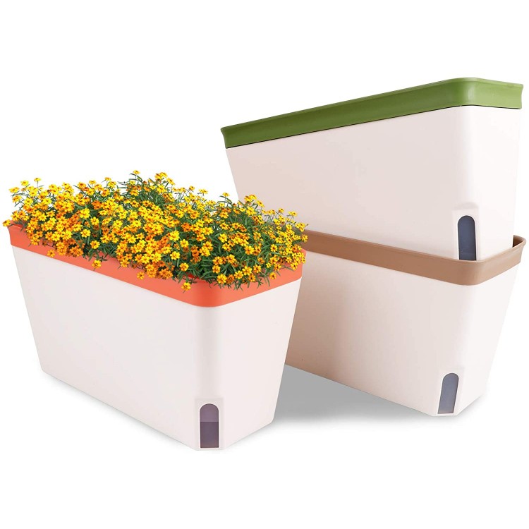 OurWarm Self Watering Plant Pots Set of 3 10.5 Inch Rectangular Windowsill Herb Planter Box Modern Plastic Flower Pots for Indoor Outdoor Garden Office Patio Planters with Drainage Hole Hidden Tray