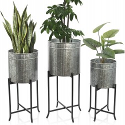 Set 3 Large Galvanized Planters Outdoor & Indoor Metal Farmhouse Decor for Garden Patio Porch & Balcony Pots with Stand and Drainage Front Door Decorative Planting Container Modern Rustic Decor