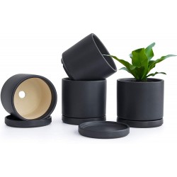 Set of 4 Small Succulent Plant Pots 4.3 Inch Ceramic Planter Pot for Plants with Drainage Hole and Saucer Black 94-F-XS-2
