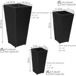 Sunnydaze Tall Square Polyrattan Planter Set of 3 Black Decorative Standing Basket-Style Containers- Set Includes a 9-Inch 11.5-Inch and 14.75-Inch Square Container