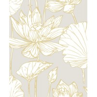 NextWall Lotus Floral Peel and Stick Wallpaper Metallic Gold & Gray