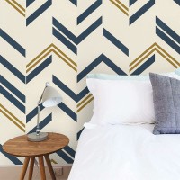 Timeet Modern Stripe Peel and Stick Wallpaper 17.7"x197" Herringbone Blue Gold Wallpaper Self-Adhesive Removable Wallpaper for Bedroom Living Room Easy to Install
