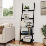 5-Tier Ladder Bookshelf- Leaning Decorative Shelves for Display-Walnut Wood Accent Home Décor for Living Room Bathroom & Kitchen Shelving Lavish Home