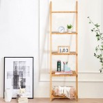 5-Tier Ladder Shelf Modern Bamboo Leaning Bookshelf Ladder Bookcase Open Display Institu Ladder Shelf Decorative Ladder Decorative Shelves