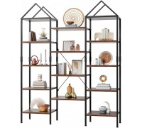 Bookcases and Bookshelves Triple Wide 5-Tier Bookshelf with Metal Frame Triangular Top Large Ladder Shelf Rustic Industrial Open Shleves Flower Stand for Living Room Home Office Vintage