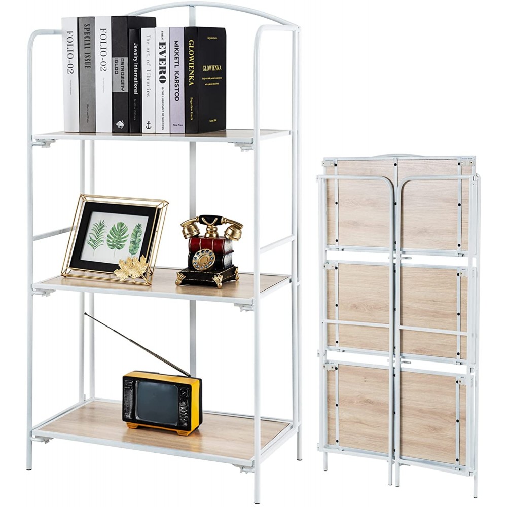 Crofy No Assembly Folding Bookshelf 3 Tier Bookcase Premium Metal Shelves for Storage Vintage Bookshelf for Office Organization and Storage 42.13" H x 22.44" W x 12 .6" D White 3 Tier