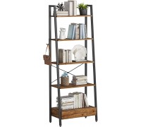 CubiCubi Ladder Shelf with Drawer 5-Tier Bookshelf Accent Ladder Bookcase Storage Rack Shelves Storage Cabinet Multipurpose Organizer Rack Industrial Metal Frame Furniture Fir