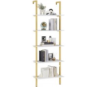 FINETONES Wall Mounted Bookcase 5-Tier 72.6’’ Height Ladder Shelf with Metal Frame and Wood Shelf Open Bookshelf Plant Flower Stand Display Storage Organizer Shelves for Home Office White Gold