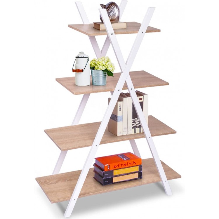 Giantex 4 Tier Bookshelf Storage Shelves Bookcase Ladder Shelf Home Office X-Shape Potted Plant or Flower Rack Display Shelves Easy Assembly Natutal and White 31.5" LX13.0 WX42.9 H