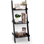 Giantex Ladder Shelf 3-Tier Wall-Leaning Bookshelf Ladder Bookcase Storage Display Shelf for Home and Office Multipurpose Plant Flower Stand Shelf Black