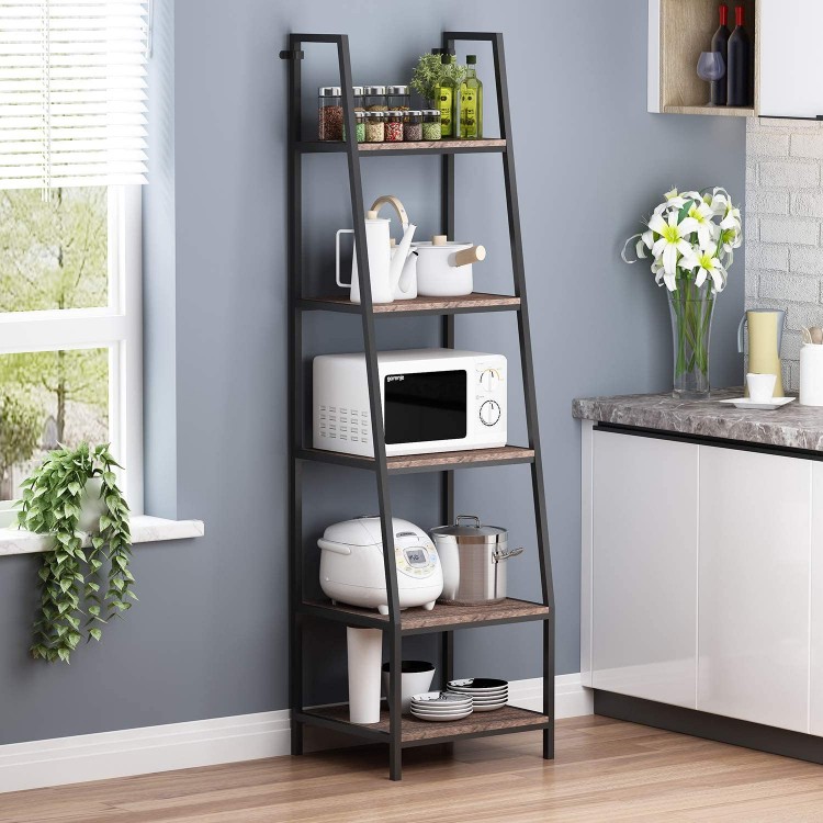 O&K FURNITURE 5-Shelf Ladder Bookcase Leaning Bookcases and Book Shelves Industrial Rustic Bookshelf Home Office Etagere Bookcase-Height: 72”H Gray-Brown Finish 1-pc