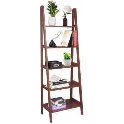 Realremhai Plant Flower Book Display Shelf Ladder Shelf Multifunctional Modern Wood Home Office Storage Rack Leaning Ladder Wall Shelf Brown Color 5-Tier