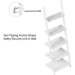 Yurielt 5-Tier Ladder Bookshelf- Leaning Decorative Shelves for Display-Walnut Wood Accent Home Décor for Living Room Bathroom & Kitchen Shelving  Color : White