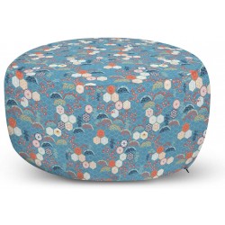 Ambesonne Ethnic Pouf Cover with Zipper Asian Inspired Illustration of Ornamental Hexagons Flowers and Half Circles Soft Decorative Fabric Unstuffed Case 30" W X 17.3" L Blue and Multicolor