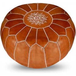 Amr Design Handmade Round Moroccan Pouf Cover Genuine Leather Hand Stitched Boho Style. It can be Used as Foot Rest  Hassock  Floor Poof Living Room Decor  Extra Seat . Unstuffed TAN