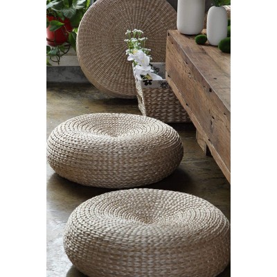 AUCCRA Rattan Ottomans FootStools Rustic Straw Floor Cushions and Poufs Handmade Floor Seats for Home Nursery Meditation Round Beige Three Sizes