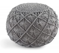 Lane Linen Pouf Ottoman Hand Knitted Cable Style Dori Pouf Macramé Pouf Cotton Braid Cord Handmade & Hand Stitched Truly One of A Kind Seating 20 Dia X 14 Height Silver Grey
