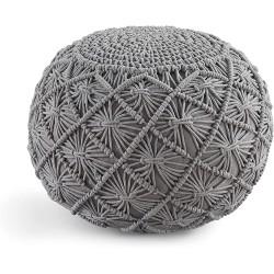 Lane Linen Pouf Ottoman Hand Knitted Cable Style Dori Pouf Macramé Pouf Cotton Braid Cord Handmade & Hand Stitched Truly One of A Kind Seating 20 Dia X 14 Height Silver Grey