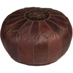 Moroccan Buzz Premium Stuffed Leather Pouf Ottoman Brown with Brown Stitching