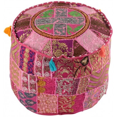 NANDNANDINI-Indian Vintage Patchwork Ottoman Pouf Indian Living Room Pouf Foot Stool Round Ottoman Cover Pouf Floor Pillow Ottoman Poof,Traditional Indian Home Decor Cotton Cushion Ottoman Cover