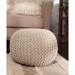 REDEARTH Round Pouf Ottoman Cable Knitted Boho Poof Pouffe Accent Chair Circular Seat Footrest for Living Room Bedroom Nursery kidsroom Patio Gym; 100% Cotton 19x19x14; Ivory